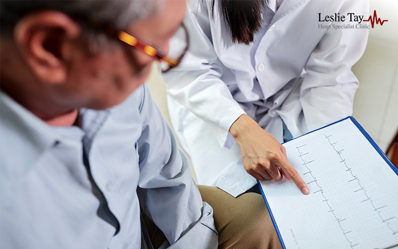 Doctor explaining ECG chart to patient during heart health consultation at a specialist clinic.