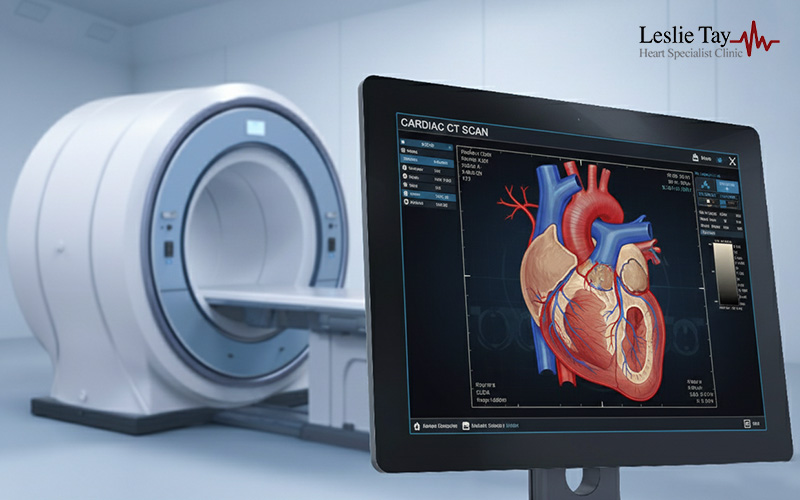 Cardiac CT scan showing heart health and blocked arteries.